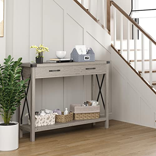 TUFSPRAX Modern Farmhouse Console Table with Storage – Wooden Narrow Sofa Table with Drawers for Entryway, Hallway, Living Room, Foyer – Grey