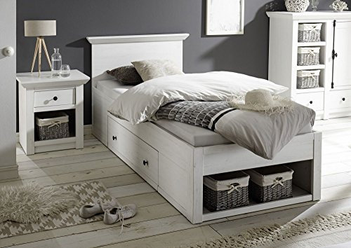 Beauty.Scouts Bett Feres S Bettgestell, Holzbett, Schlafzimmer, Einzelbett, Landhaus, mit Bettschubkasten, Pinie Weiss Nachbildung, 105x92x212 Größe ohne Korbset