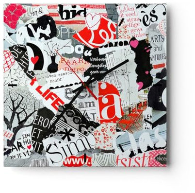 Modern Wanduhr Worte Muster Herzen Magazin 40x40cm Quadrat Groß Wand Uhr Glas Analog Zimmeruhren Küche Büro Wohnzimmer Glasuhr Wall Clock Dekoration Design Wanddekoration Küchenuhr C3AC40x40-3207