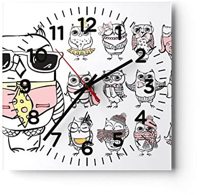 Modern Wanduhr Eule Spaß Junge fröhlich 30x30cm Quadrat Klein Wand Uhr Glas Analog Zimmeruhren Küche Büro Wohnzimmer Glasuhr Wall Clock Dekoration Design Wanddekoration Küchenuhr C4AC30x30-2905