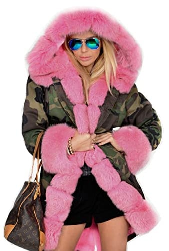 Roiii Women Thicken Warm Winter Coat Hood Down Parka Fleece Fur Outdoor Overcoat Long Jacket Outwear