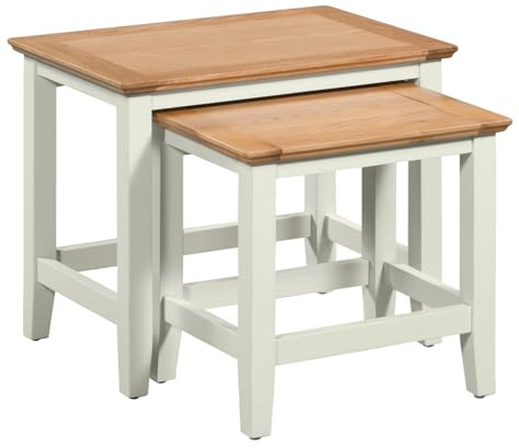 Hallowood Furniture Clifton Oak Nest of Tables Set of 2, Green Off White | Painted Wooden Nesting Coffee Tables, Occasional or Side Table, Telephone/Lamp Stand for Living Room, Bedroom or Hallway