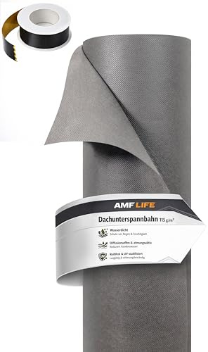 AMF Life Dachunterspannbahn Grau 1,5 x 25 m inkl. 1x Klebeband Schwarz | Unterspannbahn 115 g/m², Dachfolie, wasserundurchlässig, diffusionsoffen, UV-stabilisiert, wetterfest