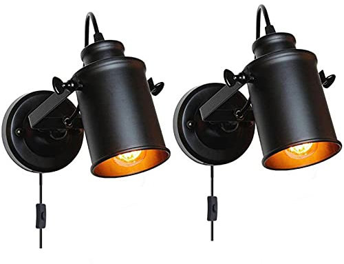 2 Pack Wandlampe Stecker mit Schalter Rustikal Industrial Wandleuchte Fassung E27 mit Kabel Wandstrahler Innen Vintage Einstellbare Schwenkbar Spotleuchten Schwarz Metall Lampenschirm für Balkon Flur