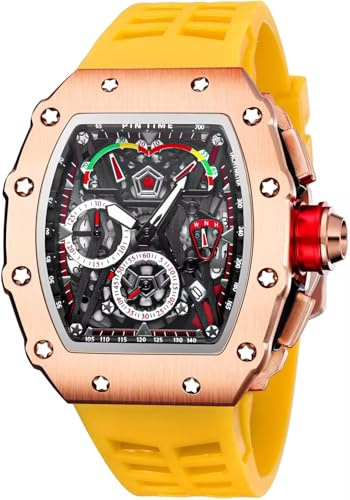 FANMIS Mens Luxury Tonneau Square Watches Analog Punk Chronograph Unique Sports Wrist Watch Japanese Movement Luminous Design with Rubber Band