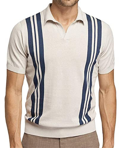Camicie da Golf a Righe Vintage da Uomo retrò Polo da Uomo con Colletto a Bavero a Blocchi di Colore Polo a Maniche Corte con Bottoni Pullover