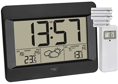 TFA Dostmann Funk-Wetterstation Zeno, 35.1163.01, digitale Funk-Wanduhr mit Wettervorhersage, Innen- und Außentemperatur, Weckalarm mit Snooze, schwarz