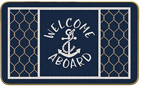 Mingnei Welcome Aboard Boat Mat, Coastal Doormat, Nautical Door Mat, 17x30 inches, Non-Slip, Blue