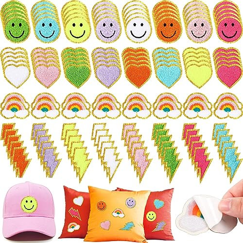Hanaive 136 Pcs Chenille Iron on Patches for Clothing Letter Self Adhesive Chenille Patches Cute Rainbow Smile Face Love Heart for Jeans Embroidered Applique (Colorful Style,Rainbow Color)