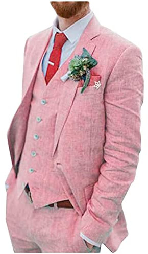 Costume de mariage 3 pièces en lin pour hommes, deux boutons, smoking simple boutonnage, revers en pointe, costume d’affaires, style décontracté, rose, 94