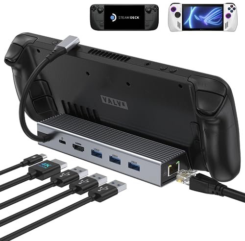 Docking Station für Steam Deck, 6-in-1 Steam Deck Dock, Steam Deck Zubehör mit HDMI 2.0 4K@60Hz, Gigabit Ethernet, 100W PD Schnellladung, 3 USB 3.0, USB C Dock Kompatibel mit Valve Steam Deck