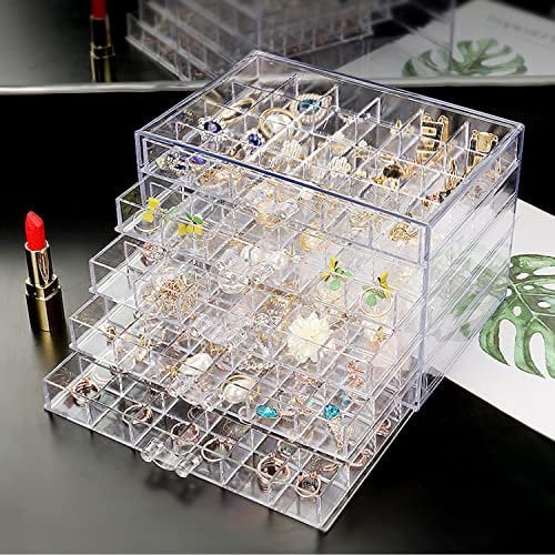 Jinavoty Earring Storage Box, Acrylic Jewelry Storage Box, Transparent Earring Organizer Box with 3 Drawers 72 Small Compartment Tray for Women Girls (5 Drawers)