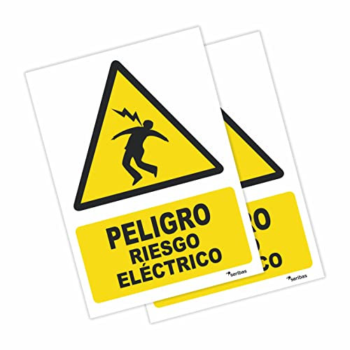Señal Riesgo Electrico - Pack 2 UD Señal Peligro - Medidas 10 x 15 cm - PVC Rigido y Resistente - Carteles Homologados Con Tinta Y Materiales Resistentes. Ideal Interiores y Exteriores.