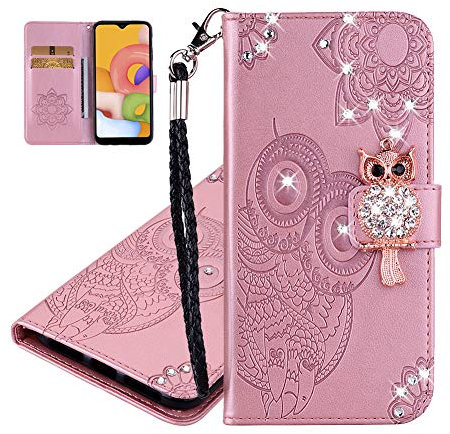 IMEIKONST Kompatibel mit Motorola Moto E13 Geprägt Hülle, Eule Funkelnd Diamanten Handyhülle Tasche Brieftasche Kartenfächern Magnetisch Ständer Schutzhülle für Motorola Moto E13. Owl Rose YK