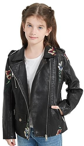 Giolshon 2024 Fall Girls Faux Leather Jacket for Kids PU Motorcycle Biker Outwear Solid Color Zipper Children's Slim Coat Black 14/16