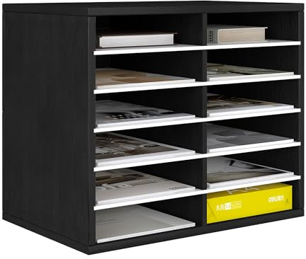 Senhoglb 12 Fächer Schreibtisch Ablagefächer Holz, Schreibtisch Ordner Organizer, Aktenablage A4 stapelbar, Büro Briefablage, Halten Sie Ihren Desktop Sauber, Schwarz&Weiß