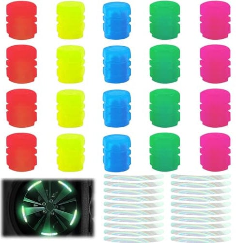 Irikdescia® 20 Stück Reifenventilkappen für Autos, mit 20 Reflektierende Fluoreszierende Aufkleber, Ventilkappen Auto Leuchtend, Ventildeckel für Fahrrad Motorrad Auto(Mehrfarbig)