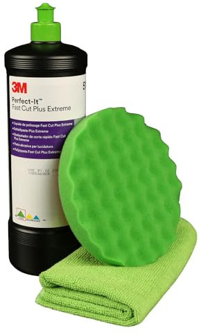 AllorA Schleifpasten Set | Polierpad grün gewaffelt/glatt (Ø160/80mm) + Mikrofasertuch grün (40x40cm) + 3M Perfect-It Fastcut Plus Extrem 51815 (1kg) | Politur Set (Ø160mm | Gewaffelt | Grün)