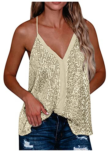 RMBLYfeiye Glitzer Damen V-Ausschnitt Pailletten Spaghetti Tank Top Sexy Party Rückenfrei Crop Y2K Sommer Basic Ball Dirndl Bluse Festliche Oberteile Ärmellos