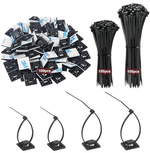 200Pcs Cable Ties Black 120/150mm and 100Pcs Zip Tie Self Adhesive Mounts, Fohirey Nylon Cable Tidy Clips Small Tie Wraps Sticky Pads, Plastic Wire Ties Base Holder for Home Office Workshop DIY Garden
