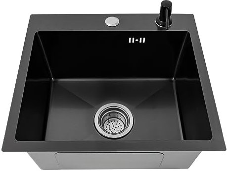 SICHENSH Fregadero de cocina negro, 45 x 40 cm, de acero inoxidable, con dispensador de jabón, fregadero de cocina de granito negro, 1 lavabo de cocina, pequeño fregadero empotrable