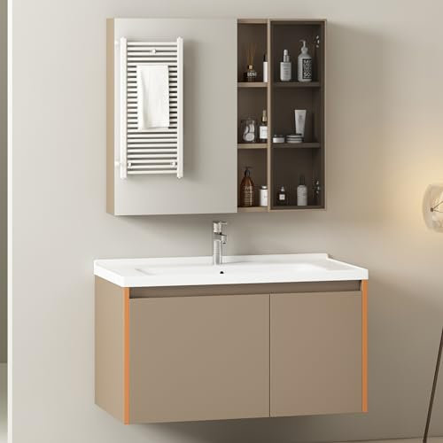 YESGIGA Ensemble de meubles de salle de bain : meuble sous vasque suspendu, 90 cm de large, avec lavabo en céramique, armoire miroir, marron clair