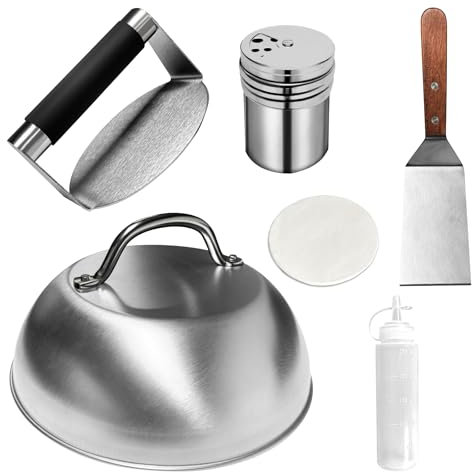 Hmfmdy Burger Press Kit, Burger Smasher & Metal Burger Spatula, Basting Cover, Spice Dredge Shaker, Wax Disc Paper, Squeeze Bottles, BBQ Griddle Accessories Kit, BBQ Tools Set, Cooking Utensils Set