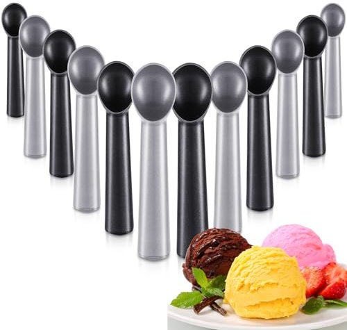 Gejoy 12 Pcs Ice Cream Scoop 7 Inch Nonstick Anti Freeze Ice Cream Scooper Aluminum Design Ice Cream Spoon for Gelatos Frozen Yogurt Fruit Sundaes Sorbet Almond Cookie Dough, Black and Silver