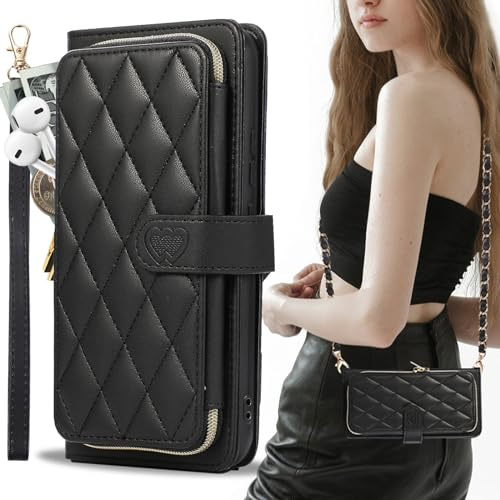 GUVAGI für Samsung Galaxy S24 Hülle mit Band Handyhülle Case,Leder Handytasche mit Fächer Flip 9-Karten Geldbeutel Frauen Mädchen Herz Klapphülle mit Abnehmbar Kette zum Umhängen Portemonnaie(Schwarz)