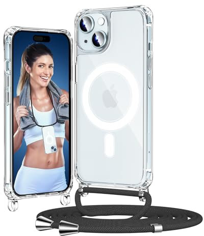 HeIssitot Handykette kompatibel mit iPhone 15 Hülle mit Band, [kompatibel mit MagSafe] Durchsichtig Dünn Handyhülle mit Kette,Stoßfeste zum Umhängen Necklace iPhone 15 Hülle (Schwarz)
