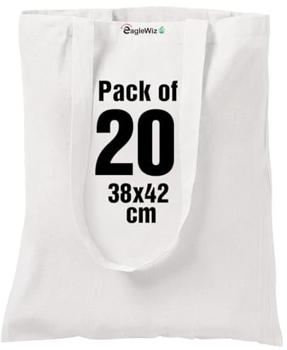 EagleWiz Natural Cotton Canvas Tote bag, Reusable grocery bags, 5 oz cotton canvas tote, eco friendly super strong washable great choice for promotion branding and gift (20, Off White)
