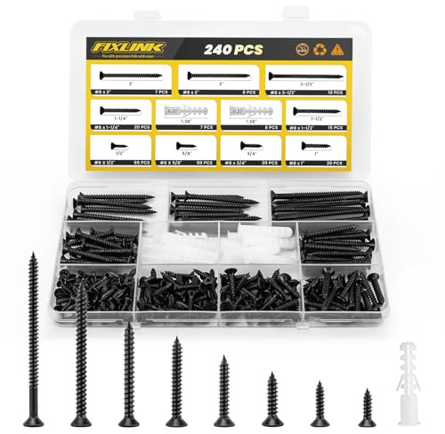 Wood Screws Assortment Kit, FIXLINK 240 PCS High Hardness Flat Head Wood Screws Set, Phillips Drive Assorted Screws, Contain 15PC Anchors and 8 Size (2-1/2”,2”,1-1/2”,1-1/4”,1”,3/4”,5/8”,1/2”), Black