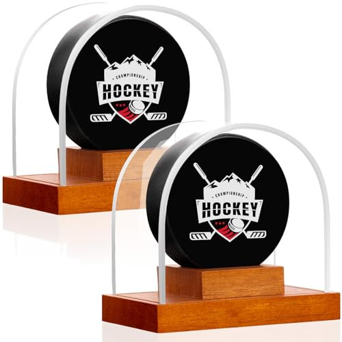 MewVeer Hockey-Puck-Vitrine, Pucks-Vitrinen mit Holzsockel, transparente Acrylbox, Hockey-Memorabilien-Aufbewahrungshalter, für Enthusiasten und Sammler und Fans (2 Stück, gewölbt)