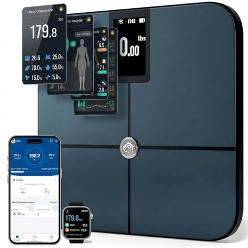 Body Smart Waage – Genaue WLAN- & Bluetooth-Badwaage für Körpergewicht, Fettanteil, BMI, Muskelmasse, Babygewicht – wiederaufladbar, TFT-LCD-Display, 25+ Metriken, 180 kg Kapazität (schwarz)
