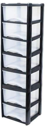 Neat. 7 Plastic Storage Drawers Unit with See-Through Drawers, Compact Vertical Design – Durable Plastic, Ideal for Organizing Office Crafts, and Household Items, 140cm x L39cm x W39cm - Black/Clear
