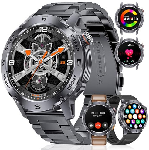 FOXBOX Smart Watch for Men Bluetooth Call(3 Straps),1.43 AMOLED Military Smartwatch 460mAh 3ATM Waterproof 100+ Sports Calorie Heart Rate Blood Oxygen Pressure Sleep Monitor for Android iOS Black