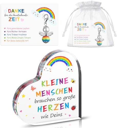 RUIYELE Abschiedgescken Geschenke für Erzieherin Lehrerin-Herz Dekoschild mit Bunte Muster, Metal Perlenengel Schlüsselanhänger Dankeskarte und Organzasäckchen für Kindergarten Lehrerin Kita