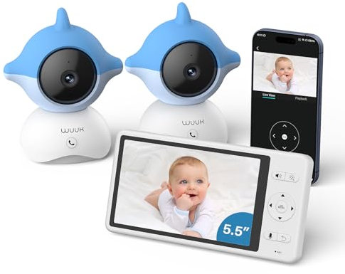WUUK 2K Babyphone mit Kameras und App, 5.5 Zoll Display mit 360° PTZ Baby Monitor, 135° Weiter Blickwinkel, 305m Stabiler Anschluss, APP Unterstützen,One-Touch-Anruf, White Noise,Bewegung/Tonerkennung