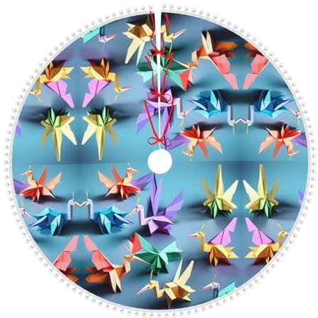 Origami Gru di carta multicolore stampa albero di Natale gonna ornamento albero tappeto con pom pom decorazione per feste di Natale