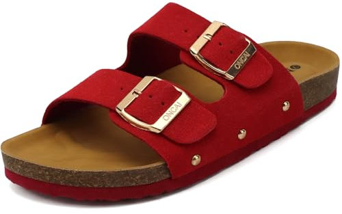 ONCAI Mules Femme Boucle Mules Et Sabots Femme Bout Ouvert Cuir Été Plates En Liège Sandales Rouge Taille 40