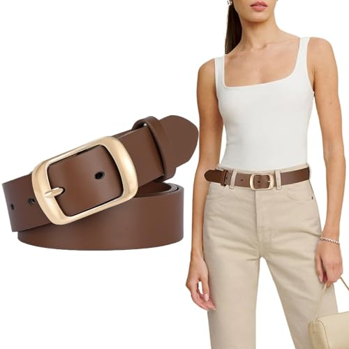 SUOSDEY Fashion Womens Leather Belts for Jeans Pants with Metal Pin Buckle Ladies Retro Vintage Leather Waist Belt Light Coffee