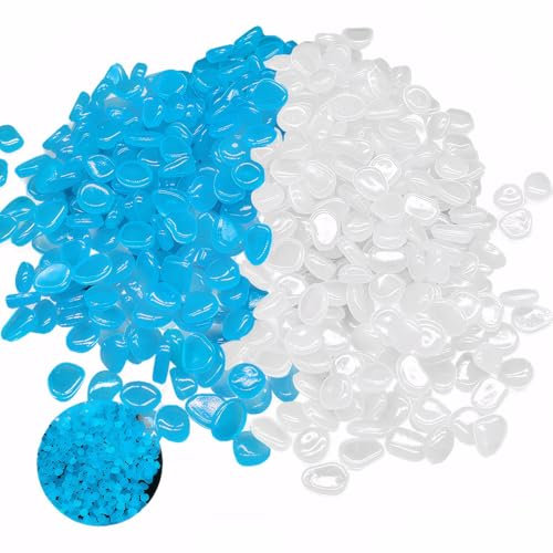 600 Stück Leuchtsteine,Fluoreszierende Steine,Leuchtende Steine,Mini Leuchtet Im Dunkeln Kieselsteine für Außendekoration,Garten,Terrasse,Rasen,Aquarium,Auffahrt (Weiß + Blau)