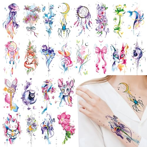 Qpout 24 Blatt Aquarell temporäre Tattoos, 3D ästhetische halbe Arm Tattoo Aufkleber, schöne realistische große bunte florale Tier Temp Tattoos für Frauen Mädchen Erwachsene