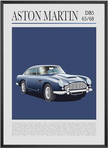 MJ-GRAPHICS® Poster Aston Martin DB5 65/68 Poster Oldtimer Bild Kultauto Kunstdruck Wohnzimmer Wandbild Auto Bild Oldtimer Geschenk für James Bond Fans Retro Deko – A4 Ohne Rahmen