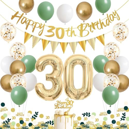 30. Geburtstag Deko Frau Mann,Deko 30 Geburtstag Avocado Grün,30 Geburtstags Grün Weiß Gold Luftballons mit Banner Dekorationen,Konfetti 30 jahre Geburtstagsdeko für Frau Mann