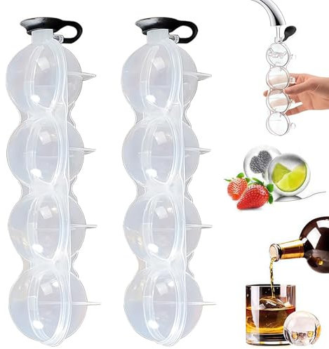 4 Hole Ice Ball Maker, Leak Proof Round Clear Mould with Silicone Sleeve, Easy Fill and Release Ice Ball Maker, Reusable Round Ice Cube Mould for Whisky, Cocktails, Fruit Ice Lollies, Drinks (2 pcs)