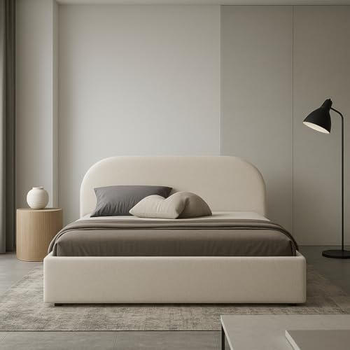 Sofello Polsterbett Moon 90x200 120x200 140x200 160x200 180x200 200x200 mit Bettkasten aus Metall Stauraum Boucle-Webart ohne Matratze (Quelle 03 - beige, 180x200)