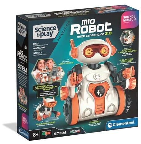 Clementoni Science Museum Mio Robot 2.0 – Build and Code Your Own Interactive Robot with Magnetic Arm for Kids 8+