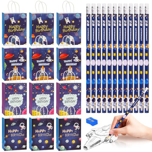 Weltraum Geschenktüten Set, Astronaut Geburtstag Gastgeschenke 24 Stück | Mit 12 Weltraum Papiertüten und 12 Astronaut Bleistiften, Party Mitgebsel für Kindergeburtstag