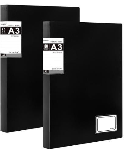 Srvnpioy Lot de 2 Porte-Vues A3 à 80 Pochettes 160 Vues, Porte-documents A3 Classeur de Présentation Affichage du Livre Protège Document pour Portfolios, Croquis, Dessin et Peinture (Noir)